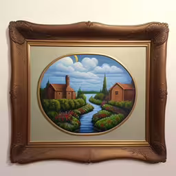 an oil painting of a landscape with a river flowing past a house,a painting with a river in the foreground and buildings across the street on the other side