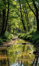 a forest with some water on the side of it