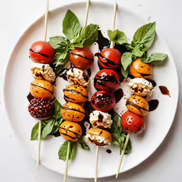 a close up of many different skewers of food