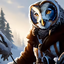 an owl with big yellow eyes walks through the snow