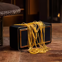 a portable yellow string set on top of a wood table