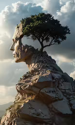 there is a rock type sculpture of a person