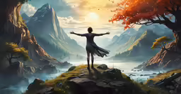 a woman is standing on the edge of a cliff