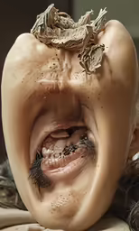 an apple is showing the top part of its nose and tongue
