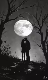 a couple is looking at the moon through some trees