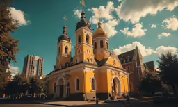 yellow gothic church building on the corner with cloudy sky in background