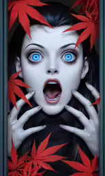 a woman with bright blue eyes and red leaves covering her face