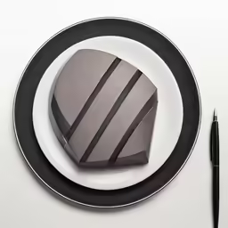 a white plate topped with a black and grey striped box