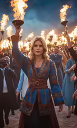 a woman dressed in medieval clothing and holding fire with other people standing behind her