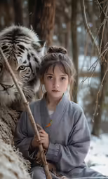 girl in grey outfit holding a stick to white tiger behind her