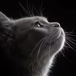 a kitten looking up to the sky while on a black background