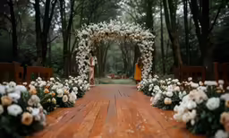 two women stand in front of an aisle that has flowers on it