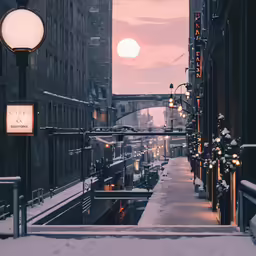 an urban street covered in snow as the sun rises