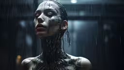 an alien woman wearing chained, chained body, and eyes,a woman with her hair tied back is standing in the rain