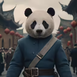 a person wearing panda ears, blue jacket and black belt, stands in front of a group of asian lanterns and asian - style archways