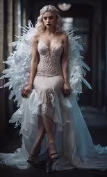 a woman wearing white dress and angel wings