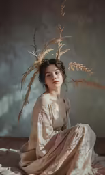 a lady with flowers in her hair sitting down