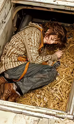 a woman is sleeping inside of a crate