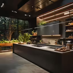 a kitchen with black counters is lit by lights