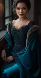 a woman in a blue gown sitting by a window