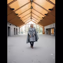 an elderly woman walking in an open area with a vaulted ceiling