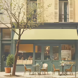 a table and chairs outside of a building