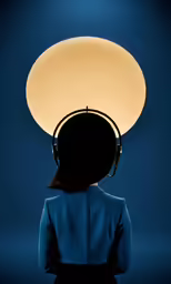 a woman in a blue suit wears headphones and stands behind an unusual light