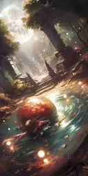 a floating object on the water surrounded by trees and lights,artwork - like illustration of a red ball on a body of water