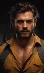 a realisticly rendered man with long hair and suspenders