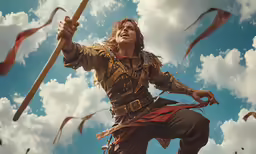 a man holding a stick while standing on top of a hill