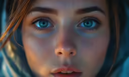 a digital painting of an alien woman with blue eyes