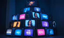 several television screens are stacked into a pyramid