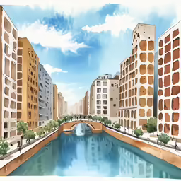 the painting depicts the bridge that is going under the buildings