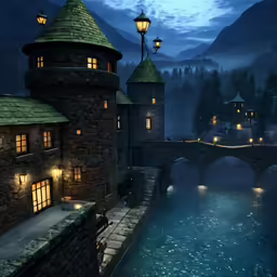 the water is still calm in this scene of a castle
