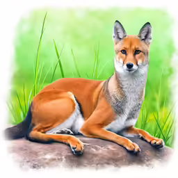 a fox on a log in a field of grass