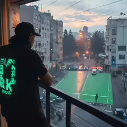 the man is looking out the window at a large tennis court