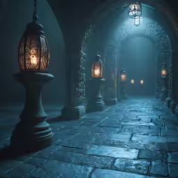 a lantern lit tunnel with stone walkways
