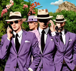 four men in purple jackets with hats and sunglasses,a group of men in suits and hats