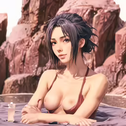 an asian nude lady in a pool with some rocks