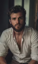 a man sitting on a wooden chair with his hands resting on the legs