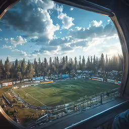 the view of a soccer field is out a plane window