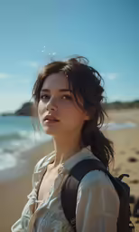 a woman standing on the beach and looking into the distance