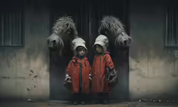 a pair of people wearing hats and coats standing next to a horse