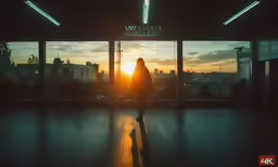 an image of a woman at sunset in a building