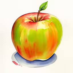 an apple sitting on top of a white paper,this is an apple with a single green leaf