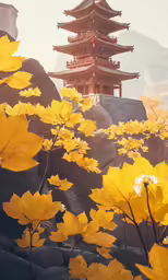 leaves with buildings in the background behind them