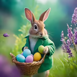 an easter bunny holds an easter basket of eggs