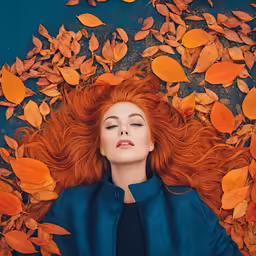 an image of a woman with long red hair laying in leaves