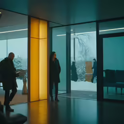 two men and women standing at doors in a lobby