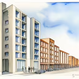 drawing of people walking on street in front of two buildings,a very big building with some cars in front,a drawing of two large buildings with cars parked along the sides,a drawing of a three story building next to other two story buildings,an artist